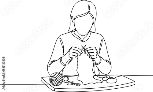 Woman knitting with yarn and needles, simple line drawing, hobby, craft, creative pastime.