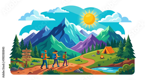 Three hikers walking on a mountain trail with backpacks.