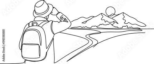Hiker with Backpack Looking at Mountains and Sun - Continuous Line Drawing