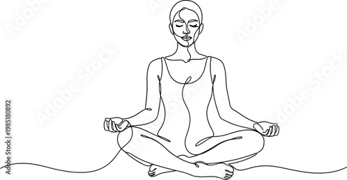 Continuous line drawing of woman meditating in lotus pose, serene, calm, mindfulness, wellness, yoga