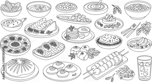 Diverse Ramadan food set including dates soup meat skewers and traditional side dishes