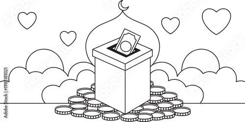 Donation box with banknote and coins for zakat and charity with mosque line art vector