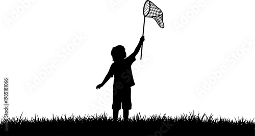 A silhouette of a child standing in a grassy field, holding a butterfly net raised high above their head, as if ready to catch something