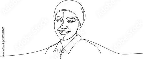 Continuous line drawing of a smiling person wearing a headscarf and collared shirt.
