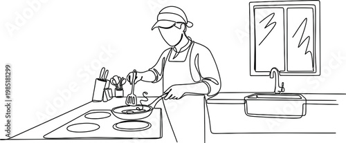Person cooking in kitchen, line drawing, illustration, home chef preparing food on stovetop