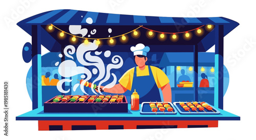 Street food vendor cooking delicious skewers at outdoor stall.