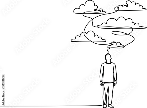 Man with clouds in head, abstract line art, thinking, imagination, inspiration, creativity