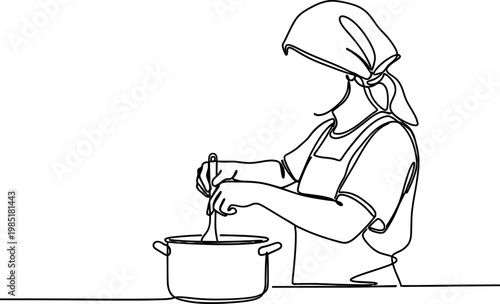 Continuous line drawing of a person cooking in a pot with a spoon, wearing an apron and headscarf.