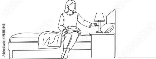Woman Sitting on Bed Turning Off Nightstand Lamp, Bedtime Routine, Minimalist Line Art