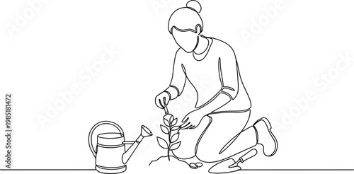 Woman planting a seedling with watering can and trowel, continuous line art