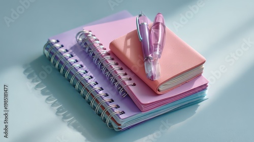 Colorful stationery arrangement with spiral notebooks, sticky notes, and pens on a smooth surface, ideal for school and office settings, vibrant design