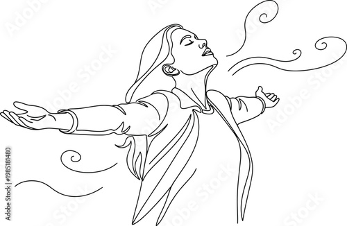 Woman breathing fresh air, arms outstretched, feeling free and refreshed, line art