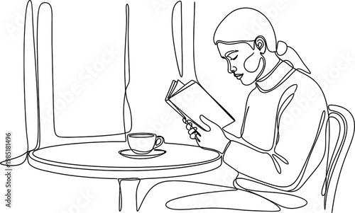 Woman reading book at cafe table with coffee cup, minimalist line art illustration