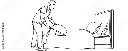 Man making a bed, arranging pillows in minimalist line art style