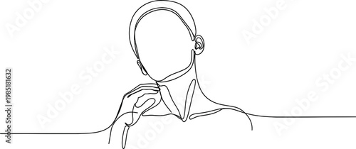 Minimalist continuous line drawing of a person's face and neck with hand touching chin