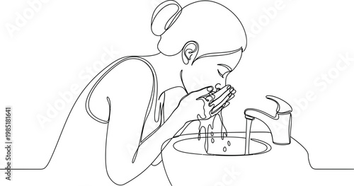 Woman washing face with water from faucet in sink, clean, hygiene, beauty