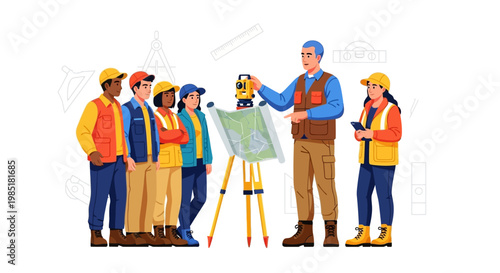 Surveying Team Learning Together Outdoors.