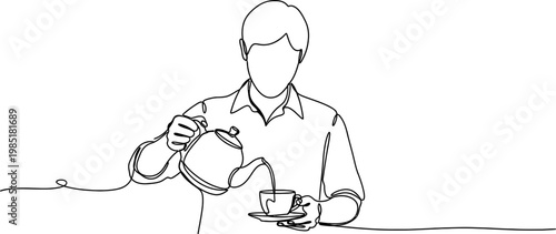 Continuous line drawing of a person pouring tea into a cup, minimalist style