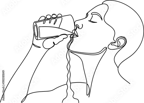 Continuous line drawing of a person drinking water from a glass, with liquid spilling out.
