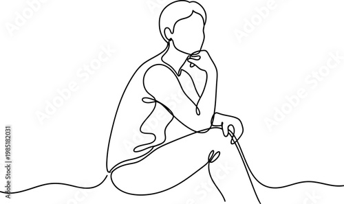 Continuous line drawing of a thoughtful person sitting, contemplating, pensive pose