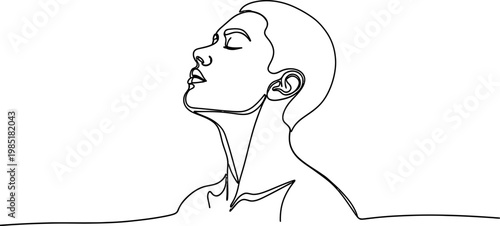 Minimalist line art portrait of a woman with eyes closed, head tilted back, serene expression