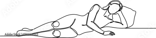 Minimalist line art of a woman resting on her side with head propped on hand and pillow.