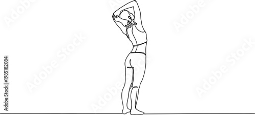 Continuous line drawing of a woman in a yoga pose, stretching her back and arms upwards