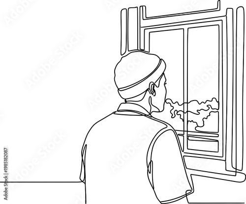 Man in hat looking out window, contemplating, line art illustration
