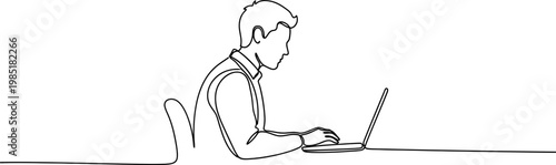 Minimalist line art of a person typing on a laptop, working at a desk.