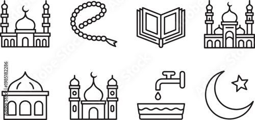Islamic religious symbols and buildings illustration in outline style