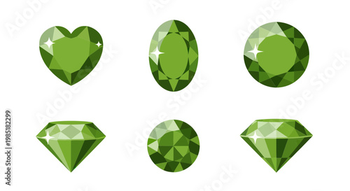 Collection of Green Gemstones, Faceted Jewels, Various Cuts, Isolated on White