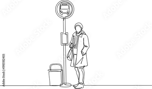 Woman waiting at bus stop, minimalist outline drawing, public transport concept