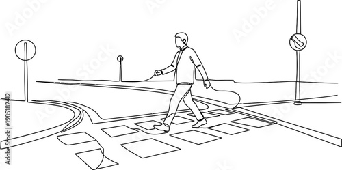 Blind person crossing street with cane on pedestrian crossing, line drawing illustration