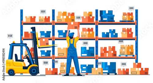 Warehouse worker lifting box with forklift nearby.