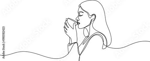 Continuous line drawing of a woman drinking from a mug, minimalist illustration, relaxation, morning coffee