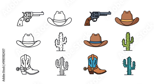 Western Icons: Cowboy Hats, Boots, Guns, and Cacti in Pixel Art and Line Drawings