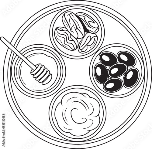 Ramadan food platter with dates, honey dipper, olives and bowl of cream line drawing