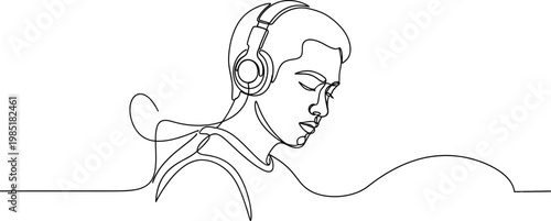 Continuous line drawing of a person wearing headphones, enjoying music with eyes closed.