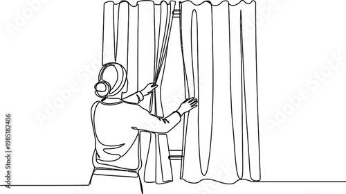 Woman opening curtains, single line drawing, revealing light, minimalist art