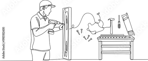 Construction worker using drill on wood, tools on table, hand-drawn line art.