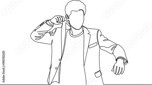 Man in suit adjusting collar, minimalist outline drawing, facing forward, white background