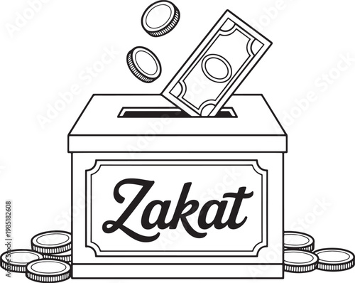 Zakat charity donation box with money and coins falling line art illustration