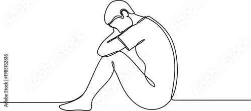 One Line Drawing: Sad Person Sitting Alone, Head Down, Feeling Despair