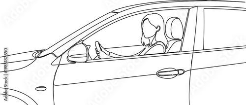 Woman driving car, line art illustration