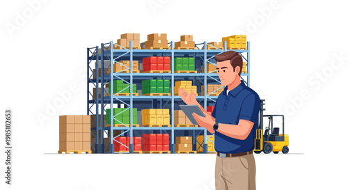 Warehouse worker inspecting inventory with forklift in background.