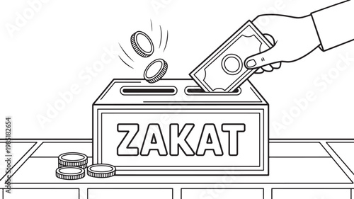 Zakat donation box with hand putting paper money and coins, outline vector illustration