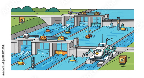 Water Management System with Excavator and Gates.