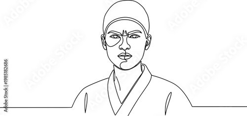 Continuous line drawing of a stern martial artist in uniform, facing forward
