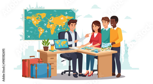 Travel agency team assisting clients with vacation planning.