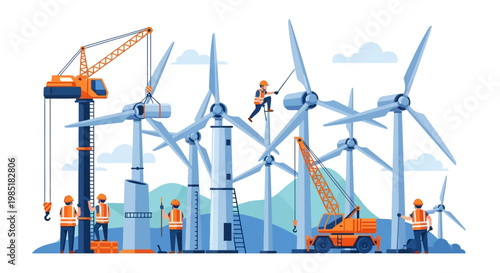 Wind Turbine Construction Site with Workers and Cranes.